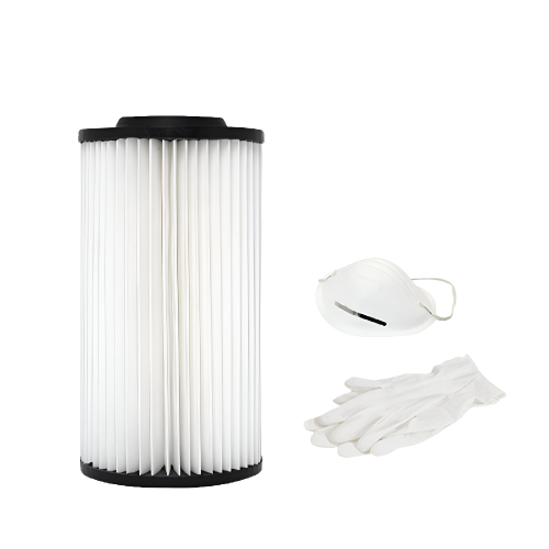 Cartuccia filtro in poliestere lavabile. Dimensioni: H. 34 cm. x  Ø 18 cm. Superficie filtrante 12000 cm2