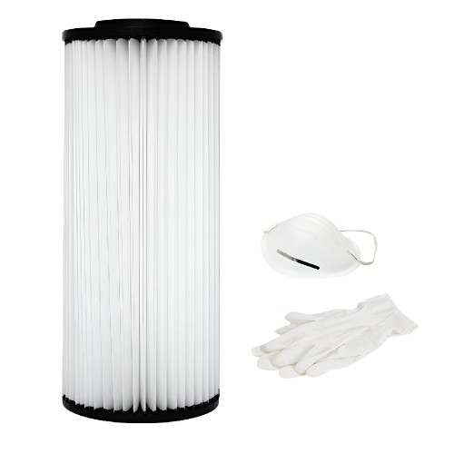 Cartuccia filtro in poliestere lavabile. Dimensioni: H. 44 cm. x Ø 18 cm. Superficie filtrante 18000 cm2