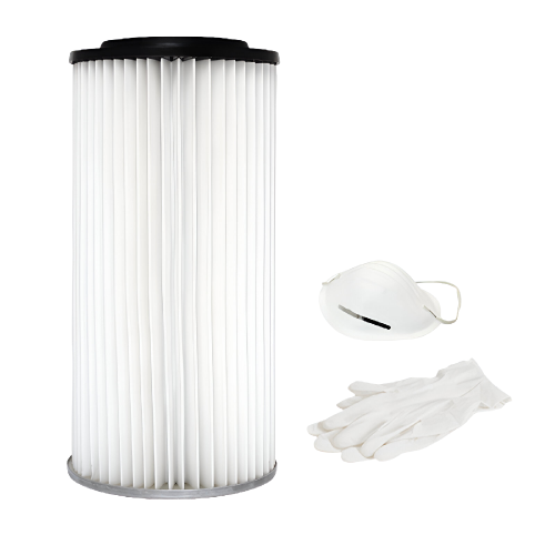 Cartuccia filtro in poliestere lavabile. Dimensioni: H. 45 cm. x Ø 22 cm. Superficie filtrante 19500 cm2
